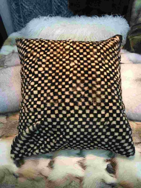 R5641BZ Badger Whole Skin Sheared Imitation Mink Dyed Plaid Throw Pillow