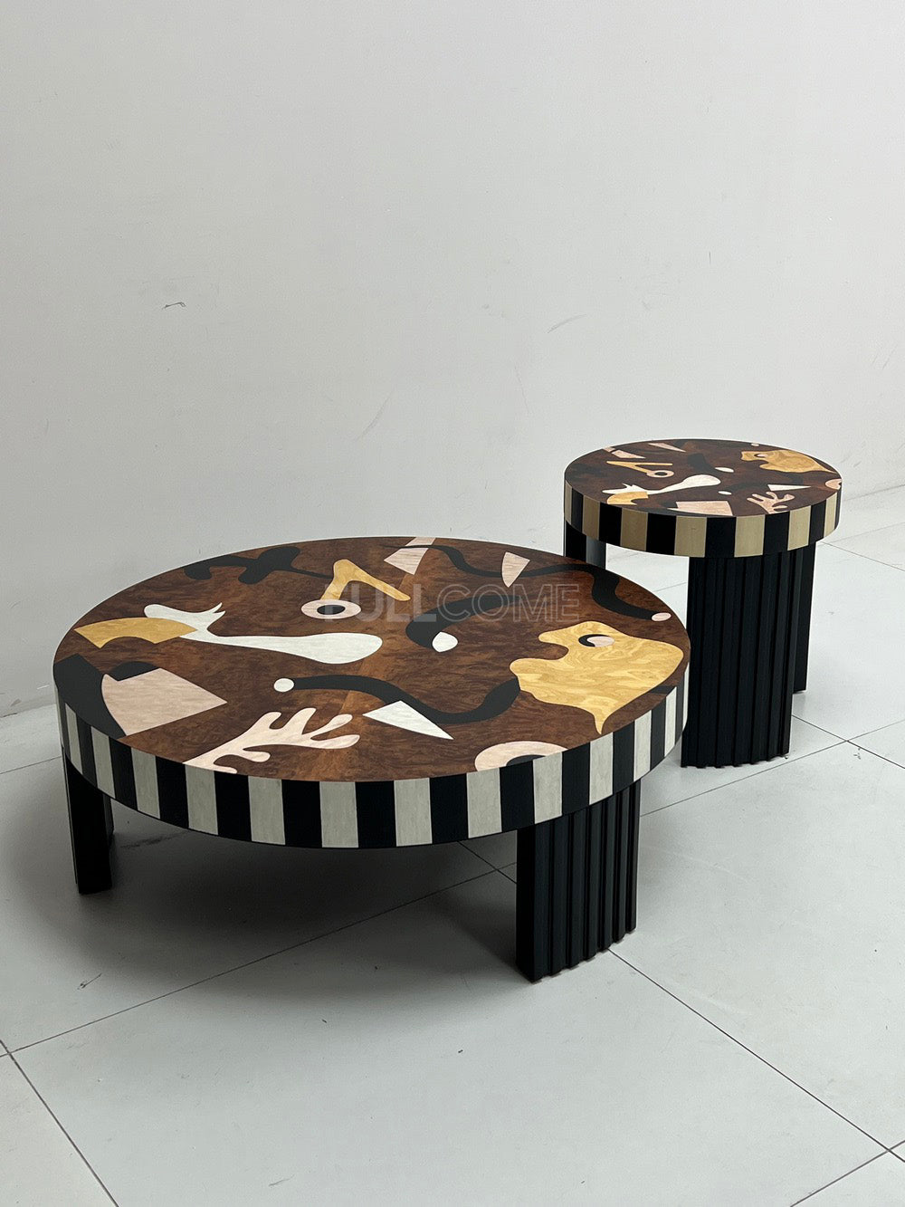 The Striped Burl Coffee Table Pair