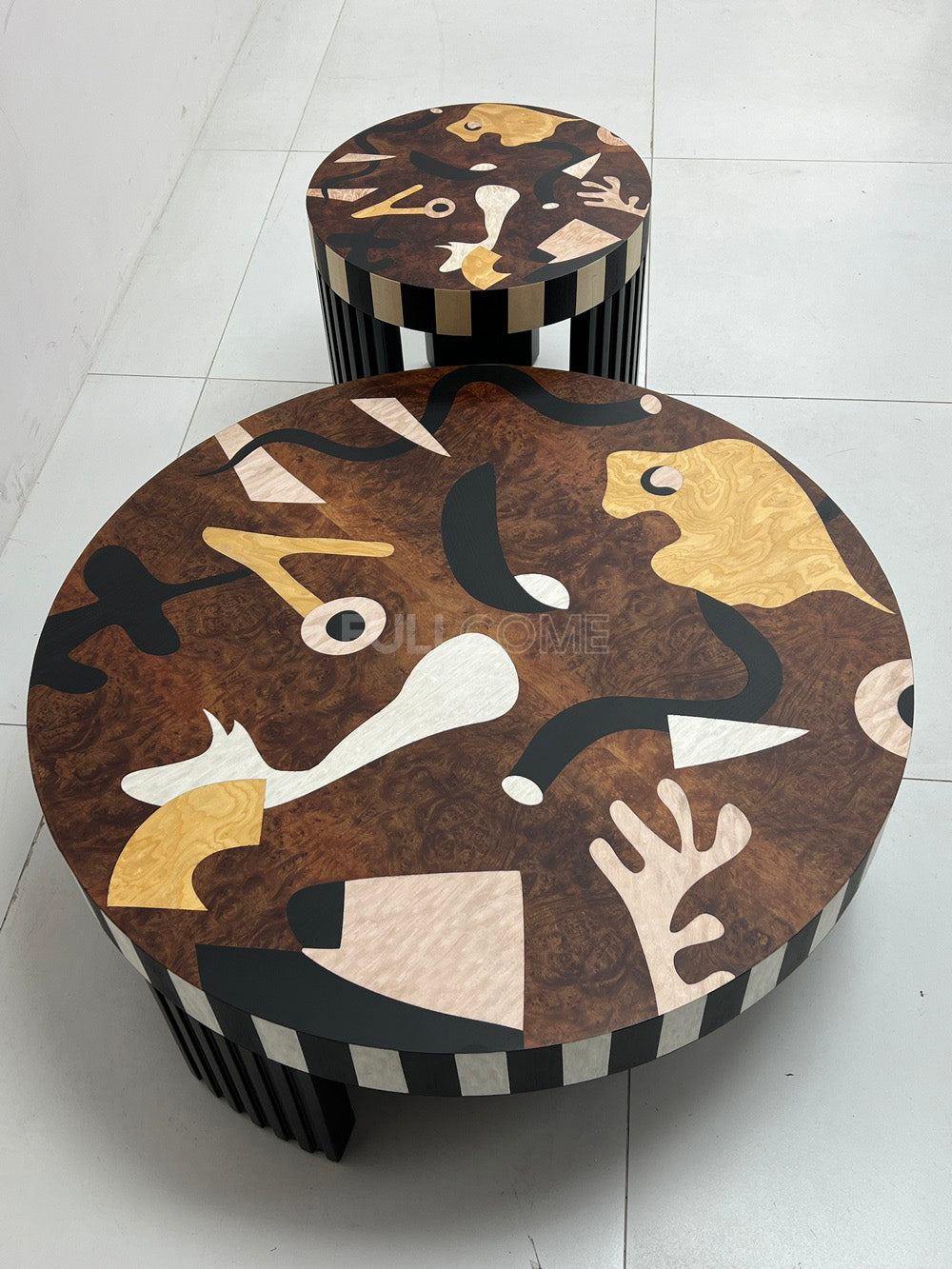 The Striped Burl Coffee Table Pair